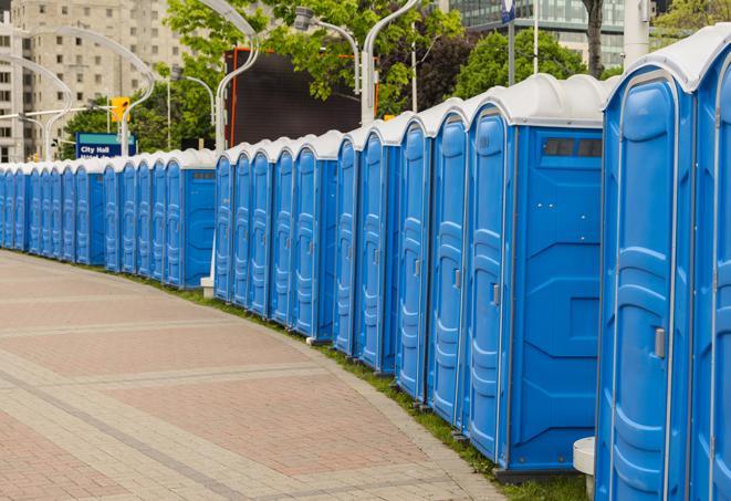 a line of portable restrooms set up for a wedding or special event, ensuring guests have access to comfortable and clean facilities throughout the duration of the celebration in Bluffs IL